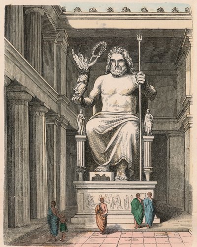 Oud Griekenland: Zeus-standbeeld in de tempel van Olympia - Beeldhouwwerk door Phidias, ca. 440/30 v.Chr. een van de Zeven Wereldwonderen door Heinrich Leutemann