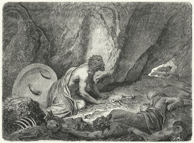Aristomenes ontsnapt uit de put waarin hij door de Spartanen was gegooid (gravure) door Heinrich Leutemann