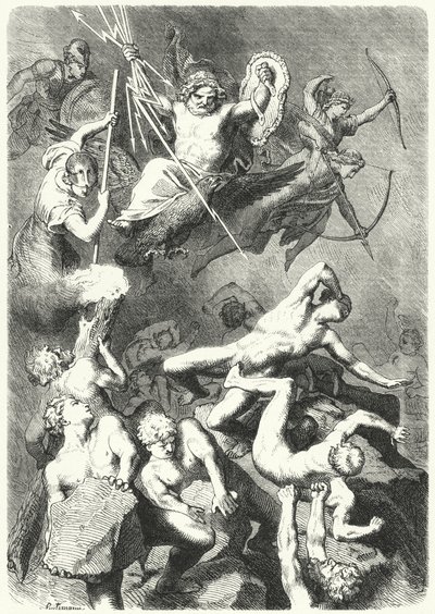 Slag tussen de oude Griekse goden en de Titanen (gravure) door Heinrich Leutemann
