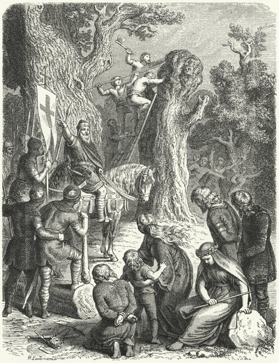 Karel de Grote beveelt het vellen van de Irmensaule, heilige eik van de Saksen, 772 door Heinrich Leutemann
