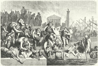 Vertrek van een Vandaalse vloot beladen met buit uit een geplunderde stad door Heinrich Leutemann