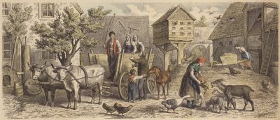 Boerderij in Saksen (gekleurde gravure) door Heinrich Leutemann
