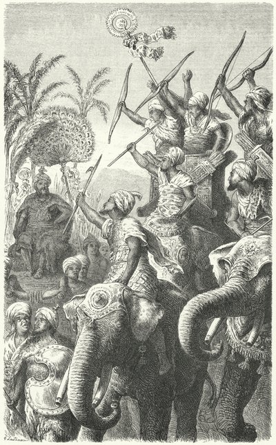 Porus, koning van de Pauravas, inspecteert zijn oorlogsolifanten door Heinrich Leutemann