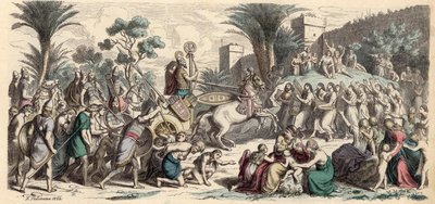 Ontvangst van een zegevierende Assyrische leger (gekleurde gravure) door Heinrich Leutemann