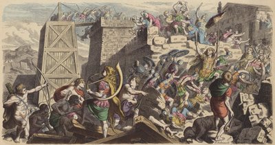 Romeinse soldaten bestormen een stad (gekleurde gravure) door Heinrich Leutemann