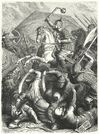 De Kozakken militaire commandant Yermak Timofeyevich in gevecht met de Tataren van Kuchum Khan door Heinrich Leutemann