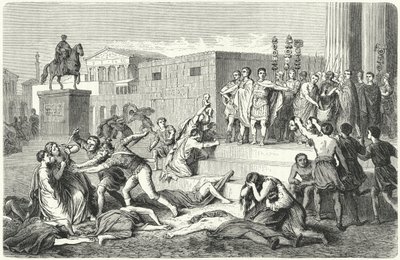 Het triumviraat van Marcus Antonius, Marcus Aemilius Lepidus en Octavianus die proscripties uitroepen tegen hun politieke vijanden, 43 v.Chr. door Heinrich Leutemann