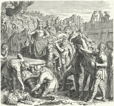 De begrafenis van Alarik I, koning van de Visigoten, in de bedding van de rivier Busento, 410 door Heinrich Leutemann