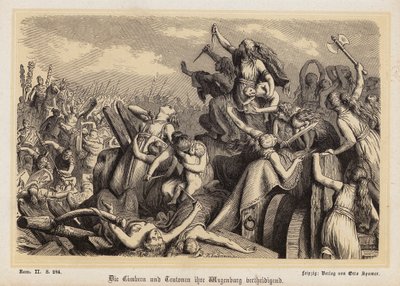 Vrouwen van de Cimbri en Teutonen verdedigen hun bagagetrein tegen de Romeinen (gravure) door Heinrich Leutemann
