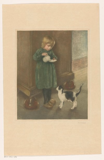 Meisje dat een kat voert door Heinrich M. Krabbé (signed by artist)