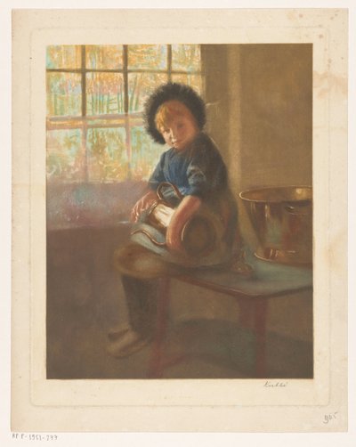 Meisje dat een koperen kan poetst door Heinrich M. Krabbé (signed by artist)