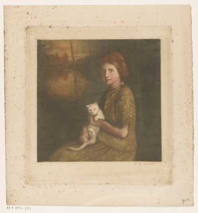 Meisje met een kat op schoot door Heinrich M. Krabbé (signed by artist)