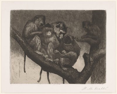 Vijf apen in een boom door Heinrich M. Krabbé (signed by artist)