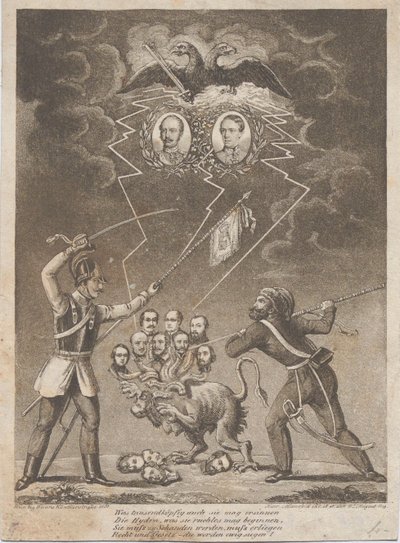 Allegorie van de onderdrukking van de Hongaarse Revolutie in 1849, 1849 door Heinrich Mansfeld