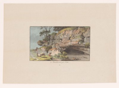 Gezicht op een herder met geiten naast een grot bij Montcherand door Heinrich Rieter