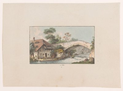 Gezicht op een huis bij een brug te Orbe door Heinrich Rieter