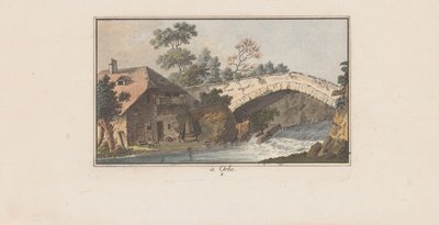 Huis naast een brug over een rivier te Orbe door Heinrich Rieter