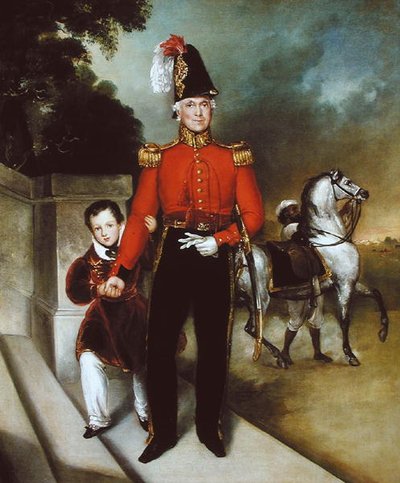 Generaal Sir James Dennis (1778-1855) met zijn zoon, een syce leidt zijn paard weg 1843 door Heinrich Schaeffer