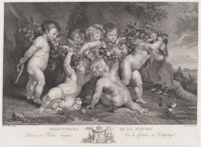 Zeven putti die een slinger van fruit dragen door Heinrich Schmitz