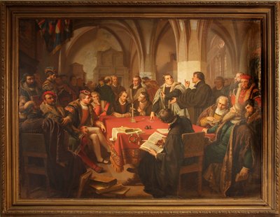 August Noack religieuze dialoog in kasteel Marburg 1869 met lijst door Heinrich Stürzl