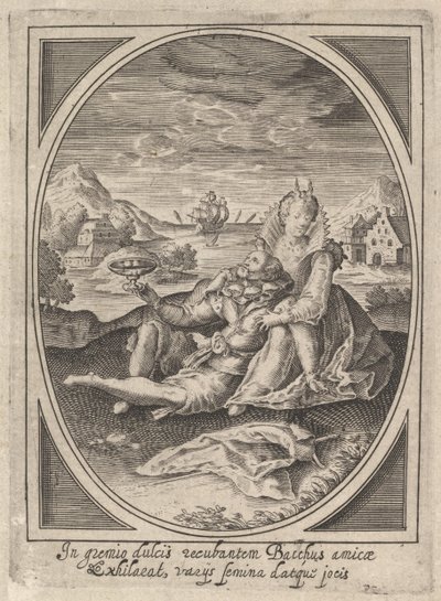 Een koppel zittend op de grond, de man houdt een beker vast en leunt tegen de..., ca. 1585-1621 door Heinrich Ulrich