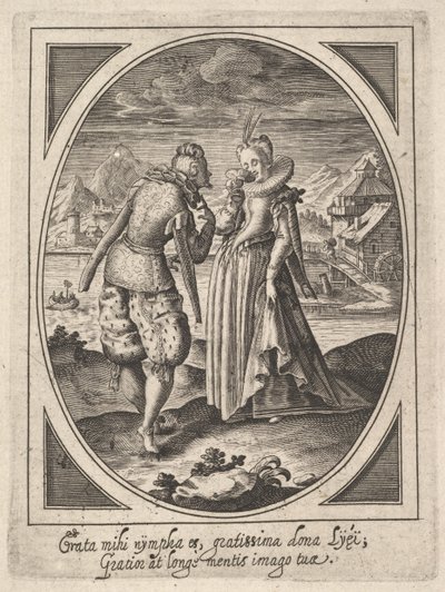 Een man stapt naar een vrouw die een beker naar haar mond brengt, een watermolen en berg..., ca. 1585-1621 door Heinrich Ulrich