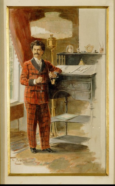 Johann Strauss zoon aan zijn hoge bureau in zijn studeerkamer ... (aquarel) door Heinrich Zasche