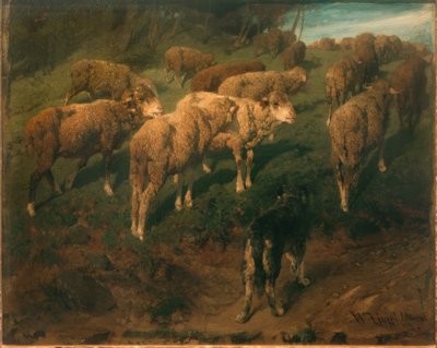 Schapen met zwarte hond door Heinrich von Zügel