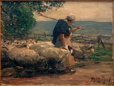 Herderin met kudde door Heinrich von Zügel