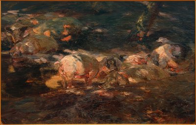 Varkenskudde in het bos bij het water door Heinrich von Zügel