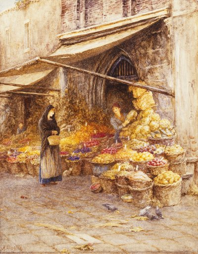Een fruitkraam aan de voet van de Campanile, San Giovanni Elemosinario, nabij de Rialto, Venetië door Helen Allingham