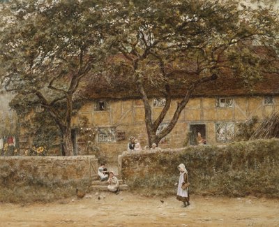 Kinderen buiten een huisje door Helen Allingham