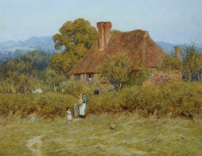 Cottage bij Broadham Green, Surrey, in Zonsonderganglicht door Helen Allingham
