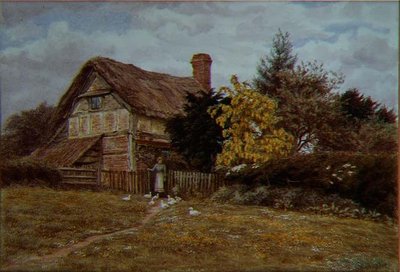 Laburnum Cottage: een vrouw die eenden voert door Helen Allingham