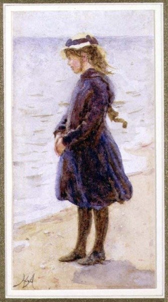 Portret van een meisje op een strand door Helen Allingham