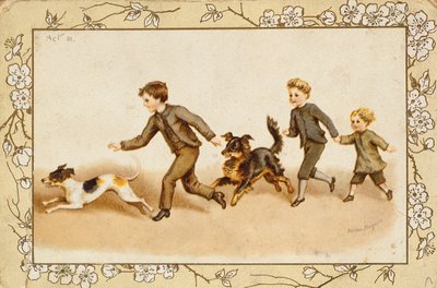 Wenskaart met kinderen die met hun honden spelen door Helena J. Maguire