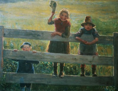 Drie kleine kinderen bij het hek door Helga Ring Reusch