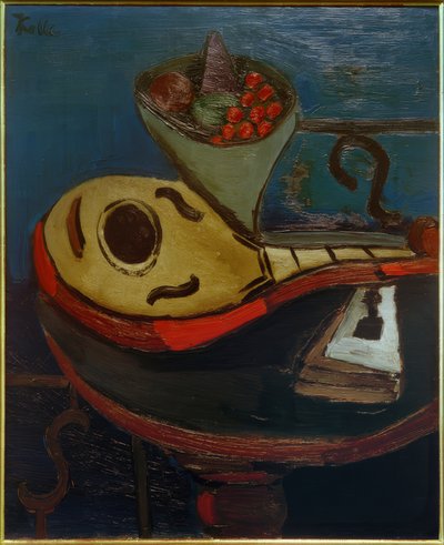 Stilleven: Mandoline en schaal met fruit op een tafel door Helmut Kolle