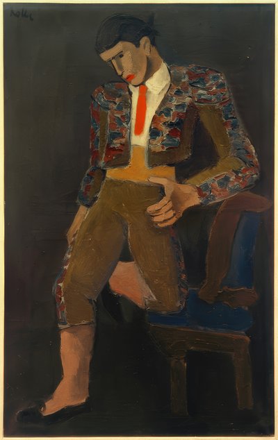 Torero leunt met een knie op een stoel door Helmut Kolle