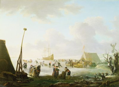 Een uitgestrekt landschap met sleeën en schaatsers met een schip vast in het ijs door Hendrick (manner of) Avercamp
