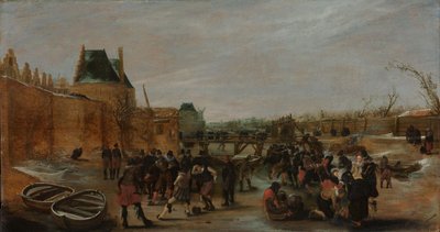 Pret op een bevroren kanaal in een stad door Hendrick Avercamp (copy after)