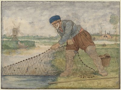 Een visser die zijn net binnenhaalt door Hendrick Avercamp