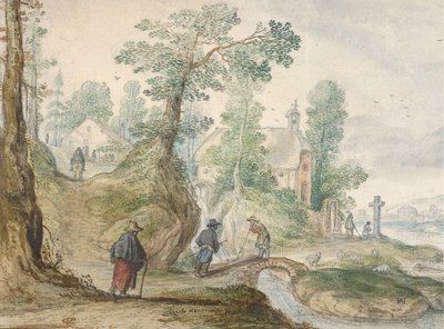 Een bebost rivierlandschap met een kerk en figuren, ca. 1613 door Hendrick Avercamp