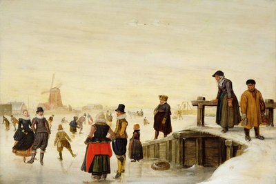 Figuren schaatsen in een Nederlands landschap door Hendrick Avercamp