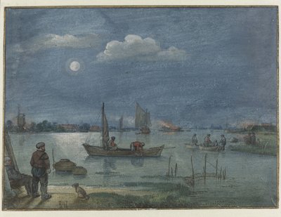 Rivierlandschap bij maanlicht met vissers door Hendrick Avercamp