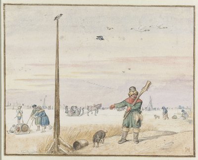Winterlandschap met een eendenjager met wild in zijn riem en zijn geweer over zijn schouder aan de oever van een bevroren rivier door Hendrick Avercamp
