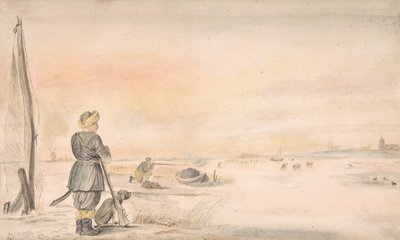 Winterlandschap met een jager en zijn hond door Hendrick Avercamp