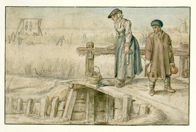 Winterlandschap met een vrouw en een jongen op een kleine brug, schaatsers en een galg in de verte door Hendrick Avercamp
