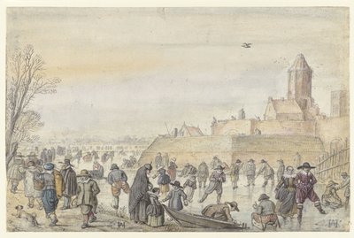 Wintertafereel op het bevroren kanaal bij de Kalverhekkenpoort, Kampen door Hendrick Avercamp