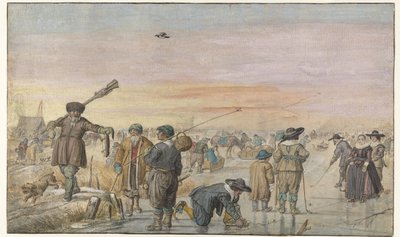 Winterscène op het ijs, met een jager die een otter toont door Hendrick Avercamp